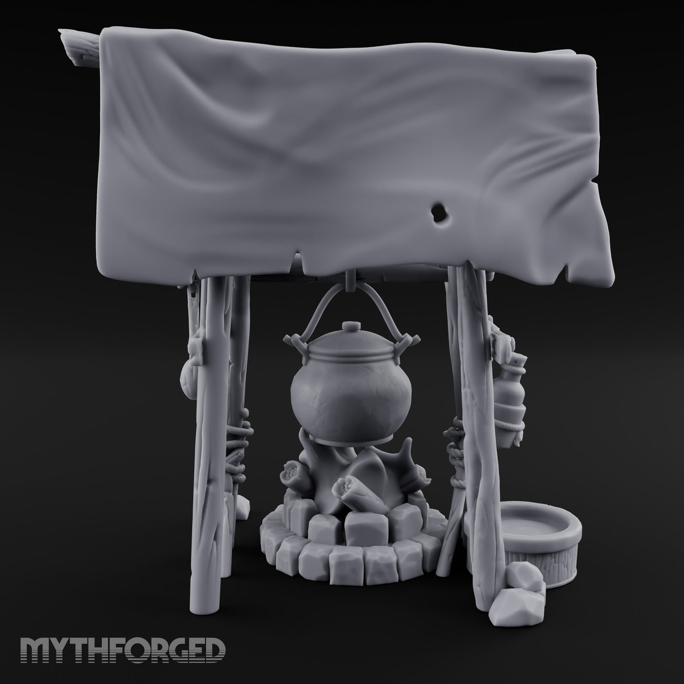 Tarp-Sheltered Ladle-Hung Camp Cooking Station Miniature for Dungeons and Dragons, Pathfinder or other TTRPGs
