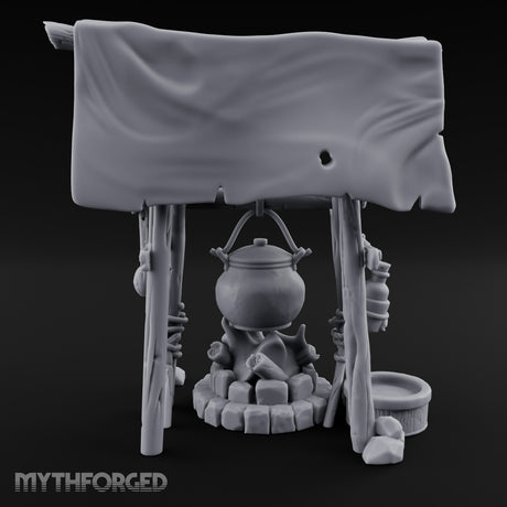 Tarp-Sheltered Ladle-Hung Camp Cooking Station Miniature for Dungeons and Dragons, Pathfinder or other TTRPGs
