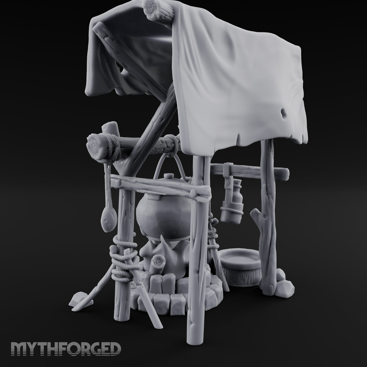 Tarp-Sheltered Ladle-Hung Camp Cooking Station Miniature for Dungeons and Dragons, Pathfinder or other TTRPGs