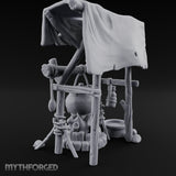 Tarp-Sheltered Ladle-Hung Camp Cooking Station Miniature for Dungeons and Dragons, Pathfinder or other TTRPGs