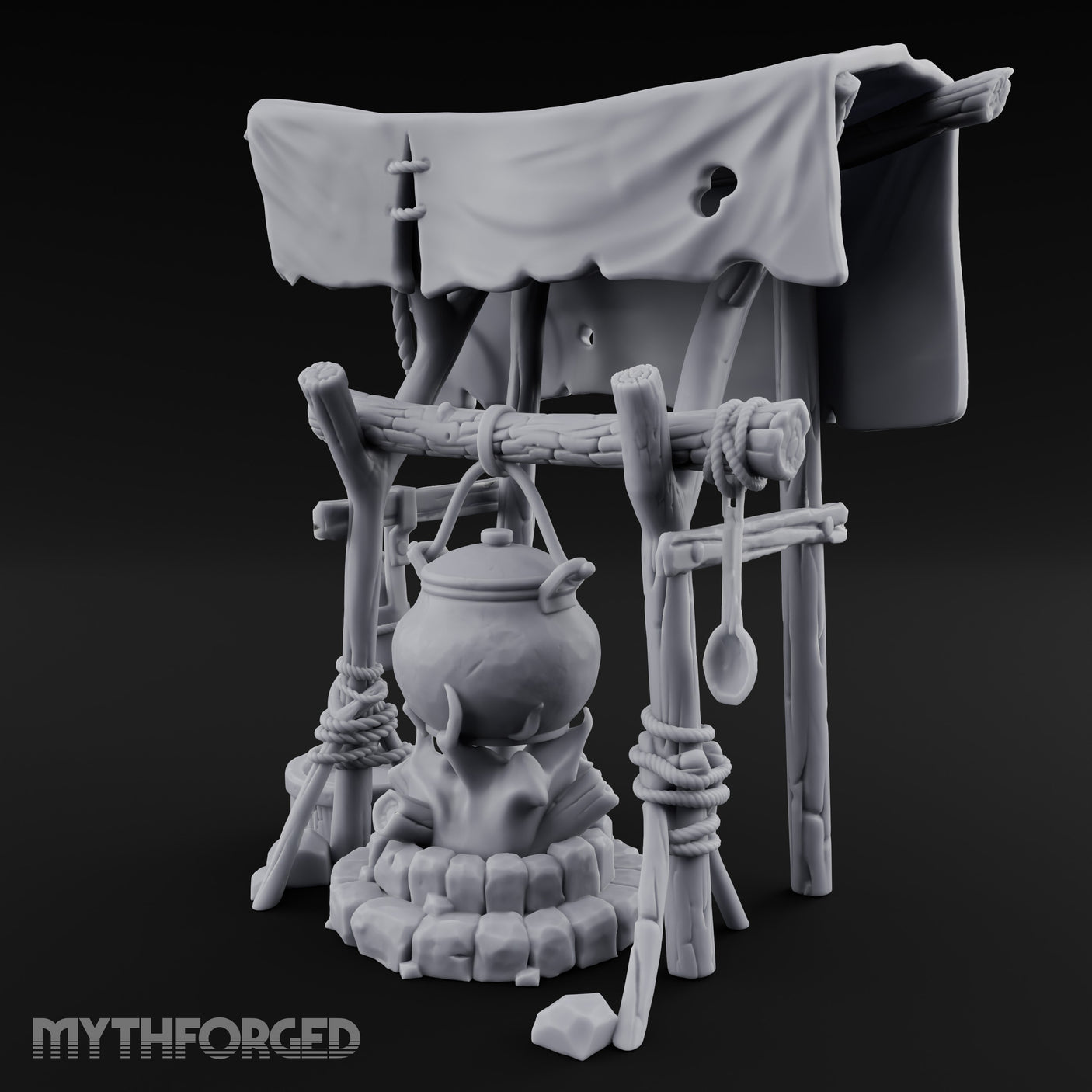 Tarp-Sheltered Ladle-Hung Camp Cooking Station Miniature for Dungeons and Dragons, Pathfinder or other TTRPGs