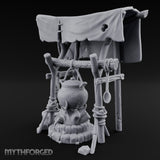 Tarp-Sheltered Ladle-Hung Camp Cooking Station Miniature for Dungeons and Dragons, Pathfinder or other TTRPGs