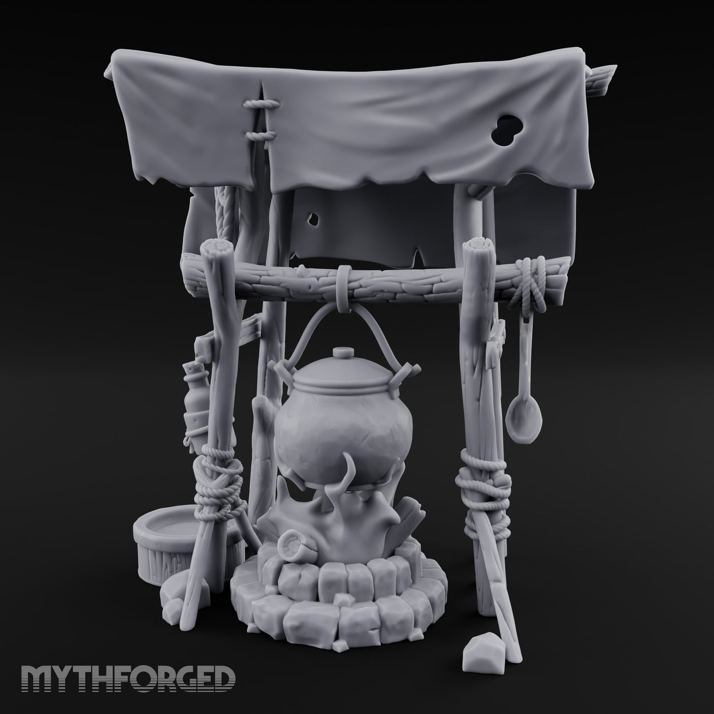 Tarp-Sheltered Ladle-Hung Camp Cooking Station Miniature for Dungeons and Dragons, Pathfinder or other TTRPGs