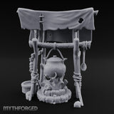 Tarp-Sheltered Ladle-Hung Camp Cooking Station Miniature for Dungeons and Dragons, Pathfinder or other TTRPGs