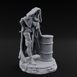 Barrel Leaning Human Scavenger Miniature for Dungeons and Dragons, Pathfinder or other TTRPGs