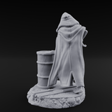 Barrel Leaning Human Scavenger Miniature for Dungeons and Dragons, Pathfinder or other TTRPGs