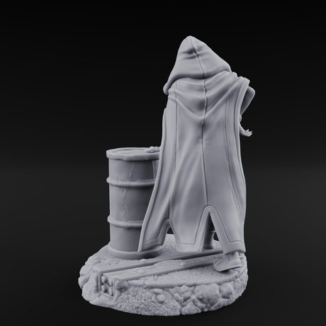 Barrel Leaning Human Scavenger Miniature for Dungeons and Dragons, Pathfinder or other TTRPGs