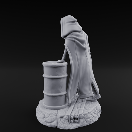 Barrel Leaning Human Scavenger Miniature for Dungeons and Dragons, Pathfinder or other TTRPGs