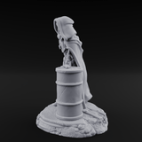 Barrel Leaning Human Scavenger Miniature for Dungeons and Dragons, Pathfinder or other TTRPGs