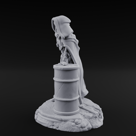 Barrel Leaning Human Scavenger Miniature for Dungeons and Dragons, Pathfinder or other TTRPGs