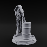Barrel Leaning Human Scavenger Miniature for Dungeons and Dragons, Pathfinder or other TTRPGs