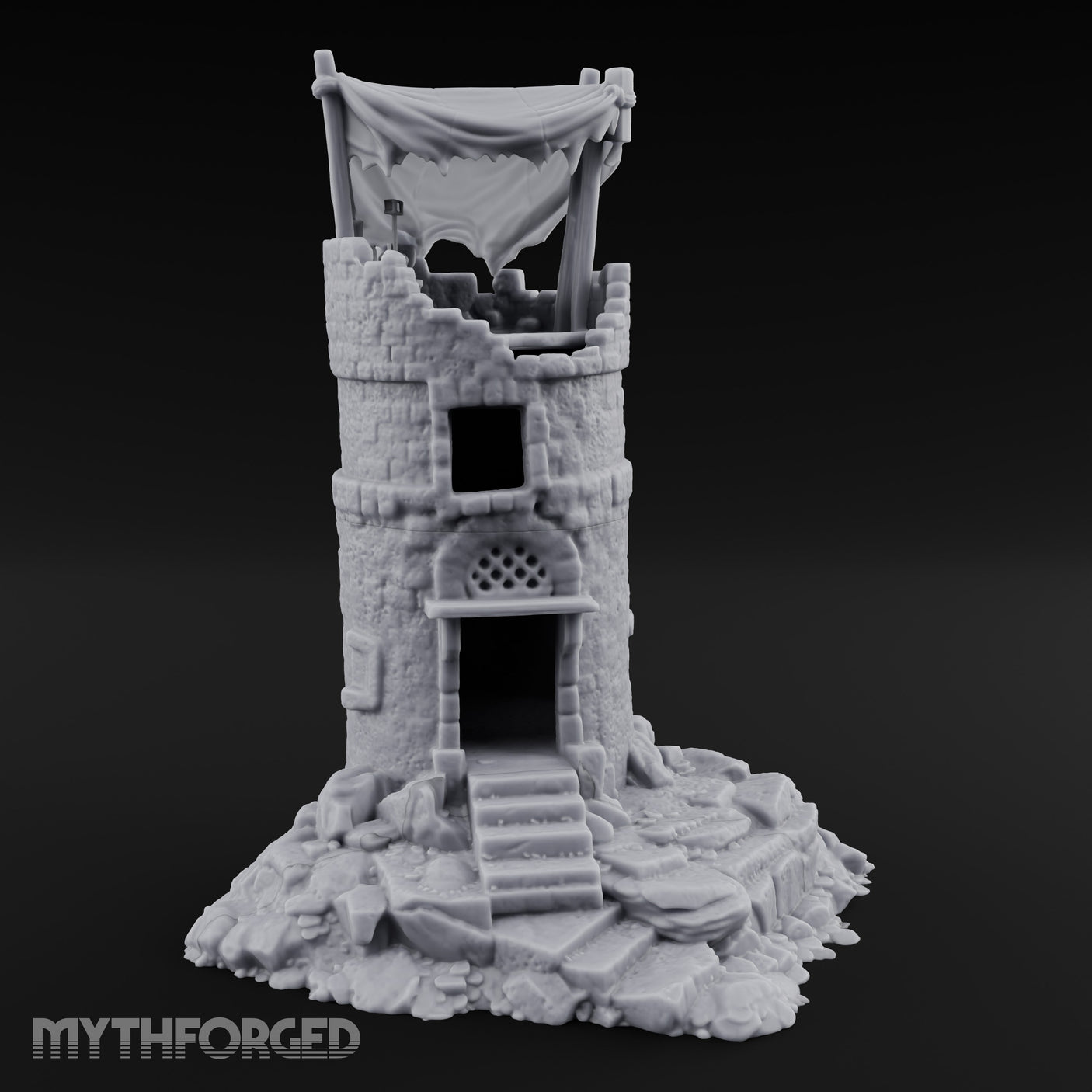 Tattered-Canopy Stair-Stepped Ruined Castle Tower Miniature for Dungeons and Dragons, Pathfinder or other TTRPGs