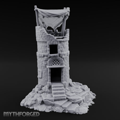 Tattered-Canopy Stair-Stepped Ruined Castle Tower Miniature for Dungeons and Dragons, Pathfinder or other TTRPGs