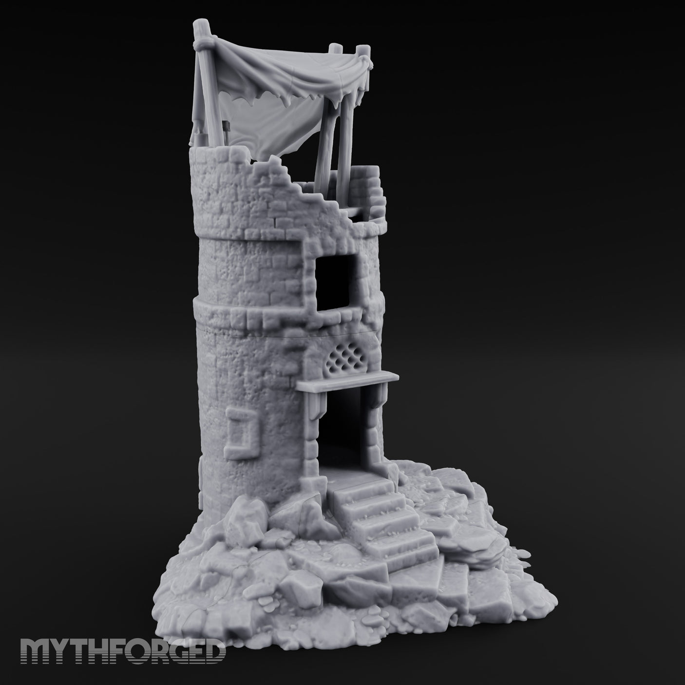 Tattered-Canopy Stair-Stepped Ruined Castle Tower Miniature for Dungeons and Dragons, Pathfinder or other TTRPGs
