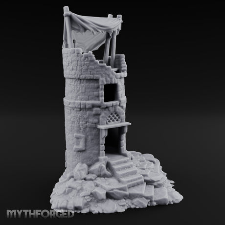 Tattered-Canopy Stair-Stepped Ruined Castle Tower Miniature for Dungeons and Dragons, Pathfinder or other TTRPGs