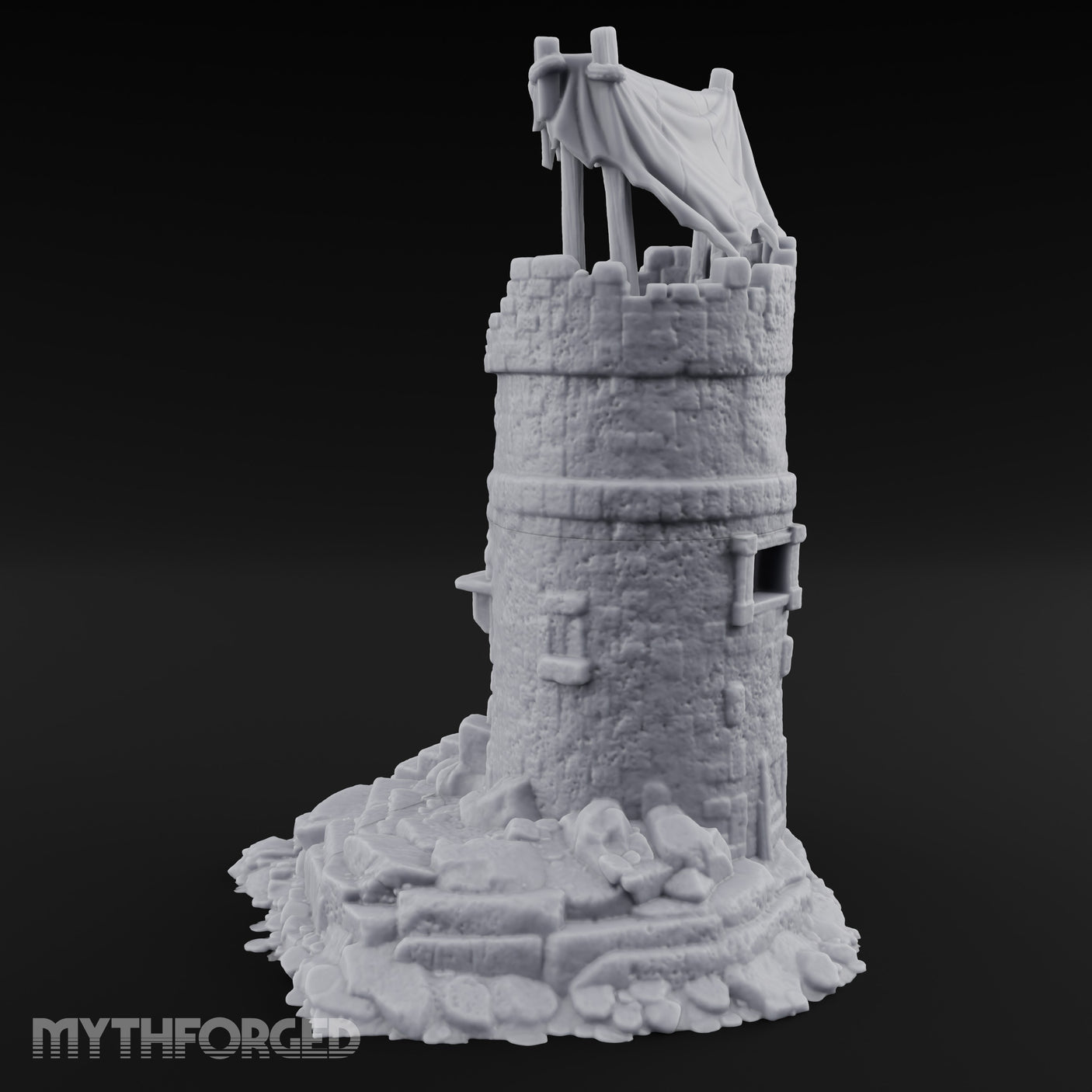 Tattered-Canopy Stair-Stepped Ruined Castle Tower Miniature for Dungeons and Dragons, Pathfinder or other TTRPGs