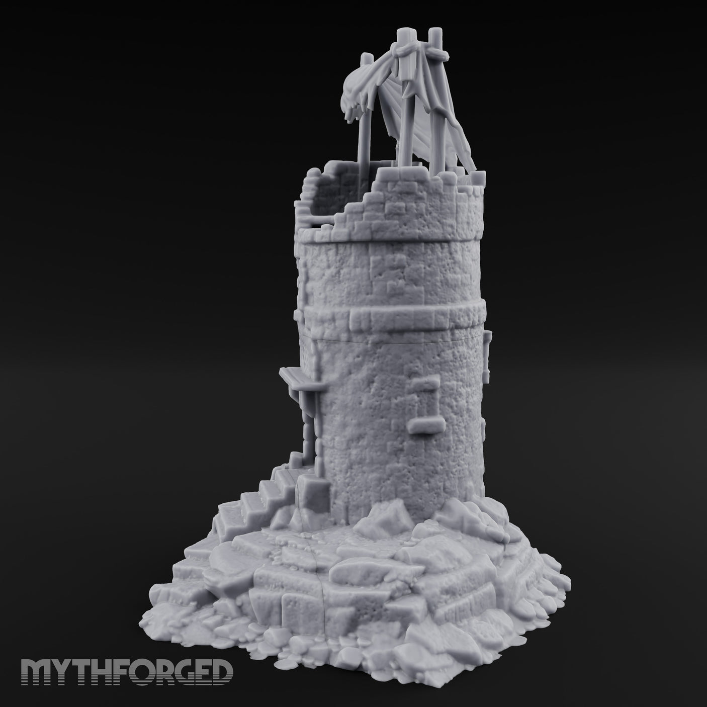 Tattered-Canopy Stair-Stepped Ruined Castle Tower Miniature for Dungeons and Dragons, Pathfinder or other TTRPGs