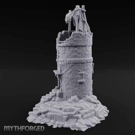 Tattered-Canopy Stair-Stepped Ruined Castle Tower Miniature for Dungeons and Dragons, Pathfinder or other TTRPGs