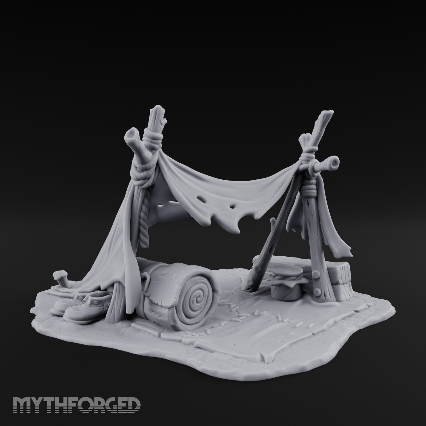 Tattered-Canvas Bedroll-Strewn Adventurer's Lean-To Camp Miniature for Dungeons and Dragons, Pathfinder or other TTRPGs