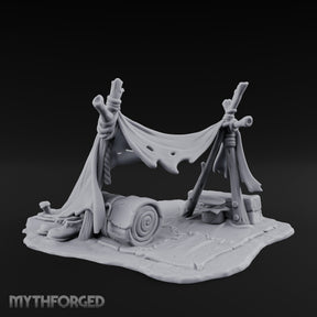 Tattered-Canvas Bedroll-Strewn Adventurer's Lean-To Camp Miniature for Dungeons and Dragons, Pathfinder or other TTRPGs