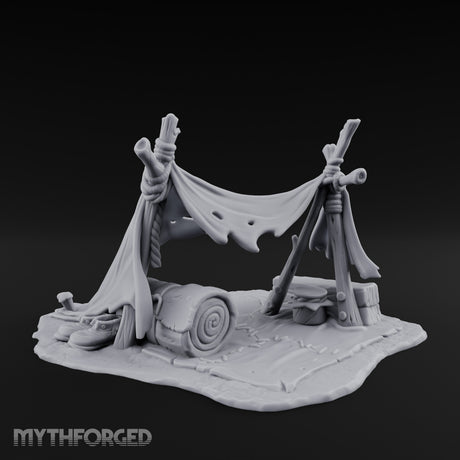 Tattered-Canvas Bedroll-Strewn Adventurer's Lean-To Camp Miniature for Dungeons and Dragons, Pathfinder or other TTRPGs