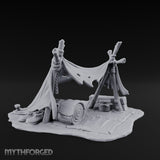 Tattered-Canvas Bedroll-Strewn Adventurer's Lean-To Camp Miniature for Dungeons and Dragons, Pathfinder or other TTRPGs