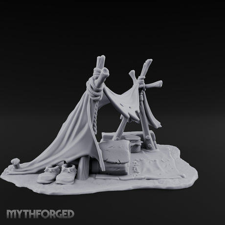 Tattered-Canvas Bedroll-Strewn Adventurer's Lean-To Camp Miniature for Dungeons and Dragons, Pathfinder or other TTRPGs