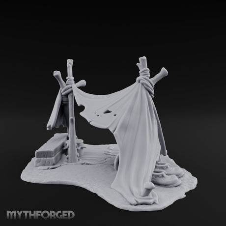Tattered-Canvas Bedroll-Strewn Adventurer's Lean-To Camp Miniature for Dungeons and Dragons, Pathfinder or other TTRPGs