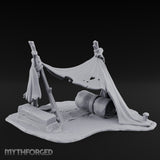 Tattered-Canvas Bedroll-Strewn Adventurer's Lean-To Camp Miniature for Dungeons and Dragons, Pathfinder or other TTRPGs
