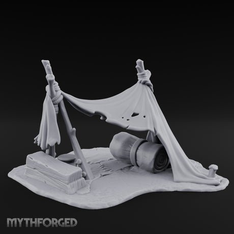 Tattered-Canvas Bedroll-Strewn Adventurer's Lean-To Camp Miniature for Dungeons and Dragons, Pathfinder or other TTRPGs