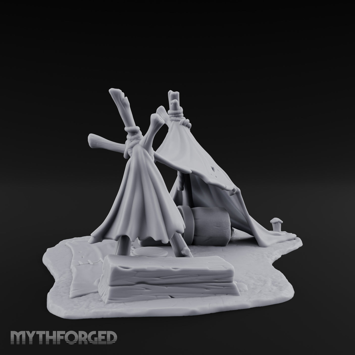 Tattered-Canvas Bedroll-Strewn Adventurer's Lean-To Camp Miniature for Dungeons and Dragons, Pathfinder or other TTRPGs