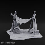 Tattered-Canvas Bedroll-Strewn Adventurer's Lean-To Camp Miniature for Dungeons and Dragons, Pathfinder or other TTRPGs