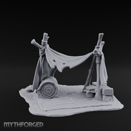 Tattered-Canvas Bedroll-Strewn Adventurer's Lean-To Camp Miniature for Dungeons and Dragons, Pathfinder or other TTRPGs