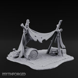 Tattered-Canvas Bedroll-Strewn Adventurer's Lean-To Camp Miniature for Dungeons and Dragons, Pathfinder or other TTRPGs