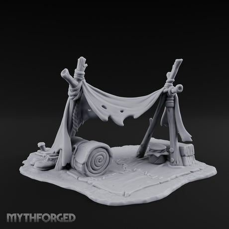 Tattered-Canvas Bedroll-Strewn Adventurer's Lean-To Camp Miniature for Dungeons and Dragons, Pathfinder or other TTRPGs