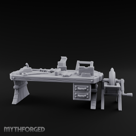 Cluttered-Surface Craftsman's Workbench Miniature for Dungeons and Dragons, Pathfinder or other TTRPGs