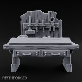 Tool-Hung Craftsman's Workbench Miniature for Dungeons and Dragons, Pathfinder or other TTRPGs