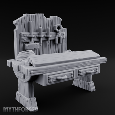 Tool-Hung Craftsman's Workbench Miniature for Dungeons and Dragons, Pathfinder or other TTRPGs