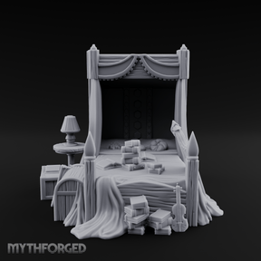 Canopy-Framed Cluttered Noble Bed Miniature for Dungeons and Dragons, Pathfinder or other TTRPGs