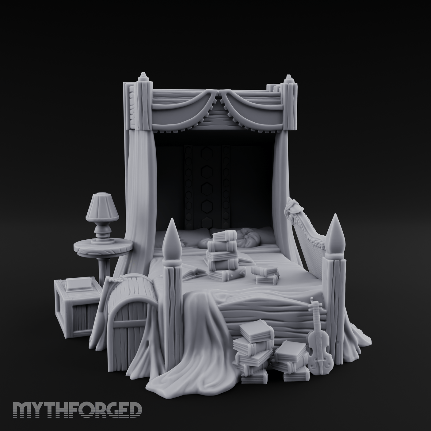 Canopy-Framed Cluttered Noble Bed Miniature for Dungeons and Dragons, Pathfinder or other TTRPGs