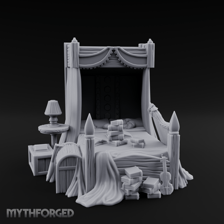 Canopy-Framed Cluttered Noble Bed Miniature for Dungeons and Dragons, Pathfinder or other TTRPGs
