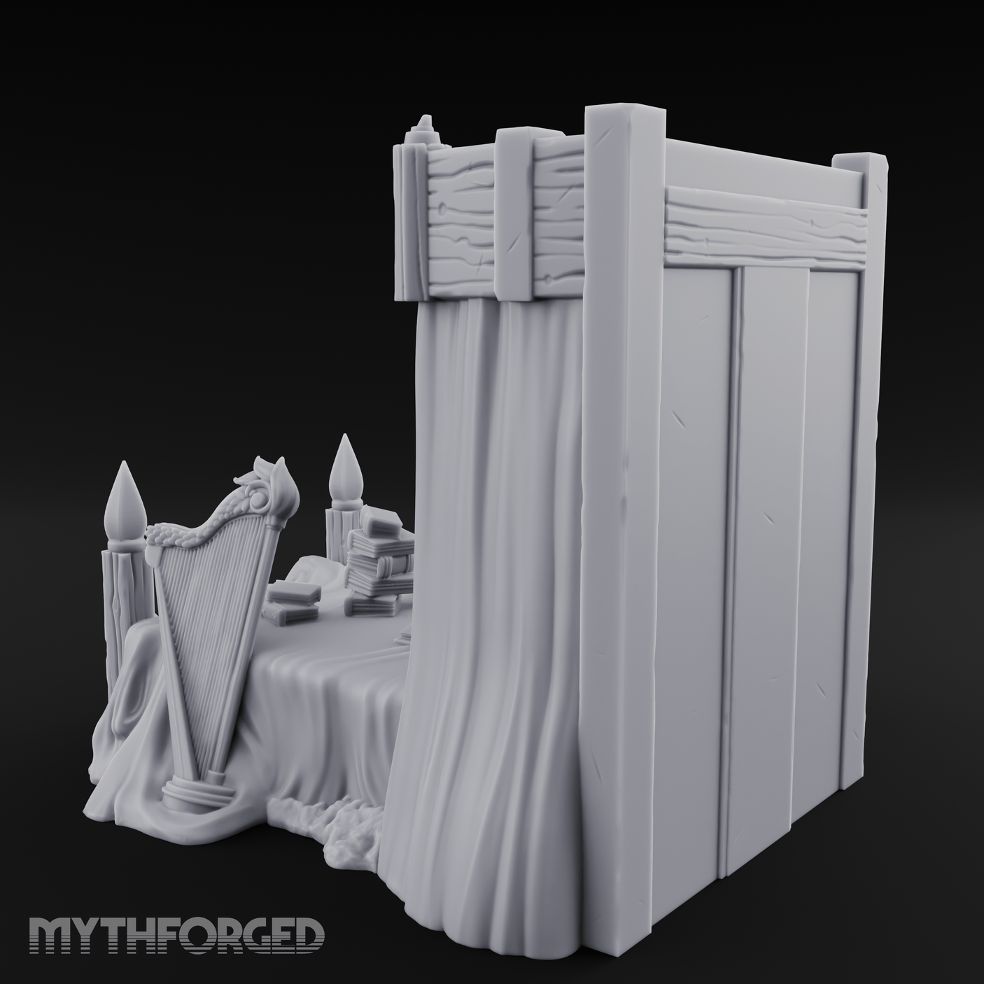 Canopy-Framed Cluttered Noble Bed Miniature for Dungeons and Dragons, Pathfinder or other TTRPGs
