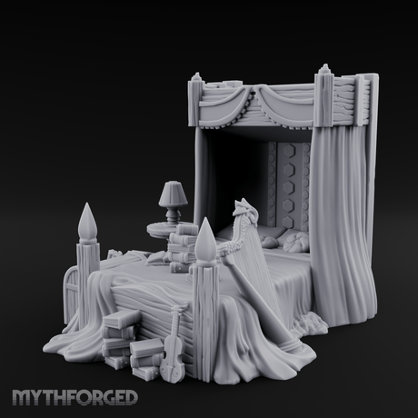 Canopy-Framed Cluttered Noble Bed Miniature for Dungeons and Dragons, Pathfinder or other TTRPGs