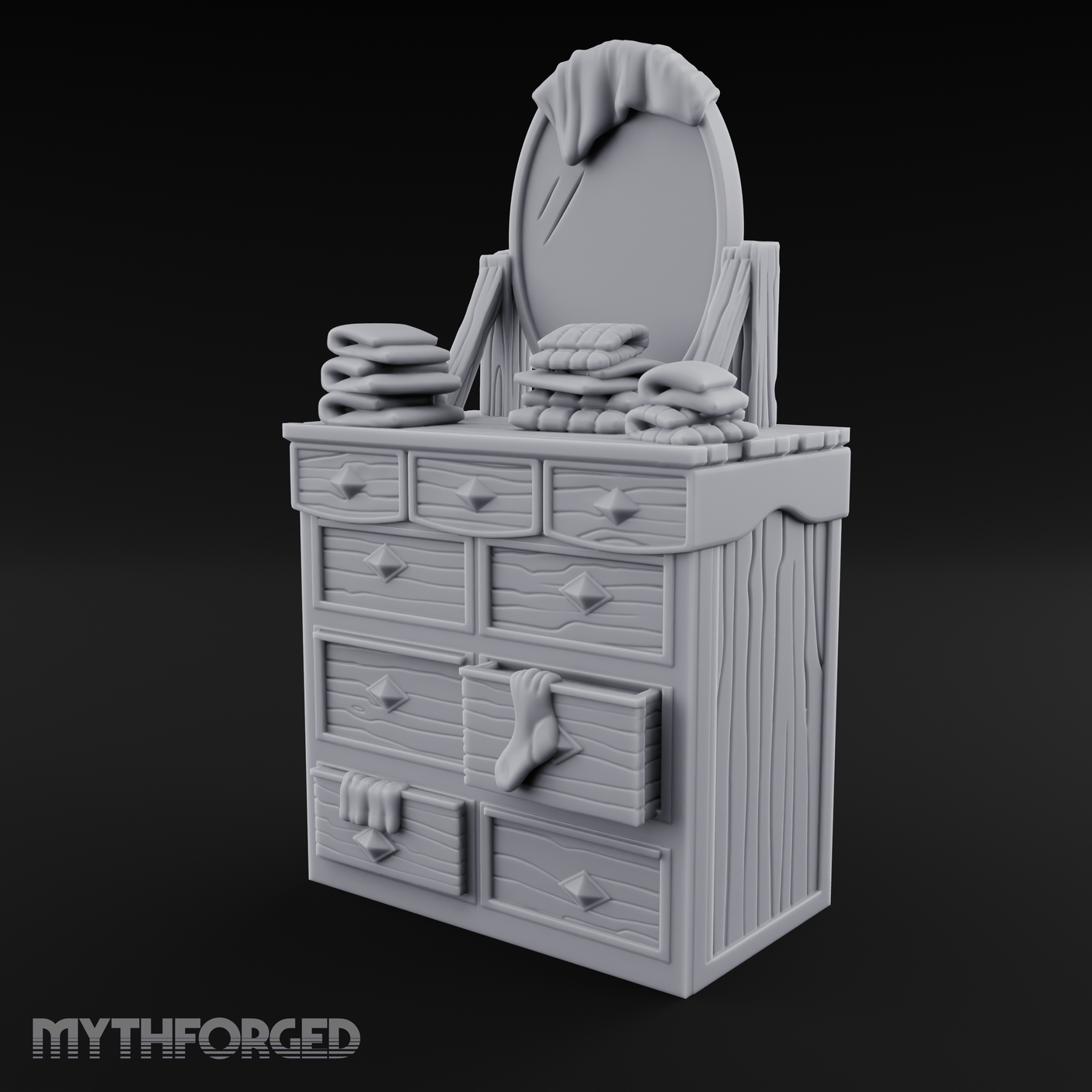 Linen-Stacked Bedroom Dresser Miniature for Dungeons and Dragons, Pathfinder or other TTRPGs