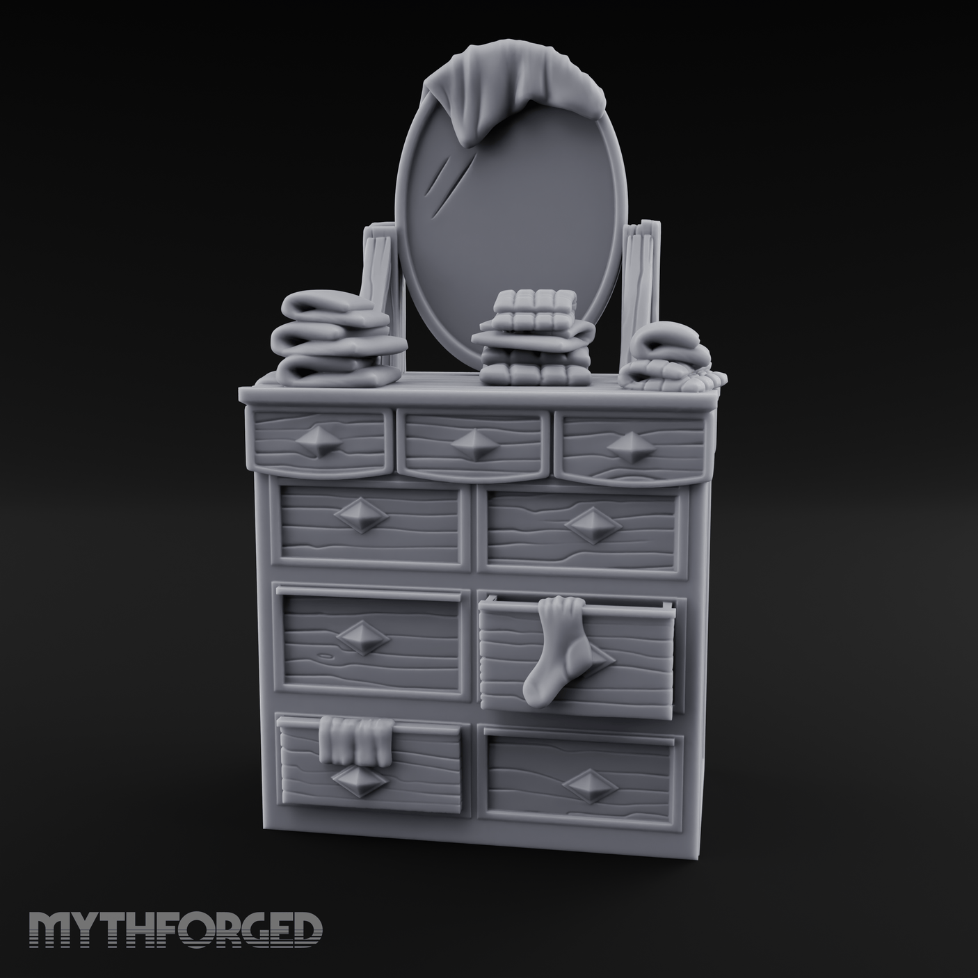 Linen-Stacked Bedroom Dresser Miniature for Dungeons and Dragons, Pathfinder or other TTRPGs