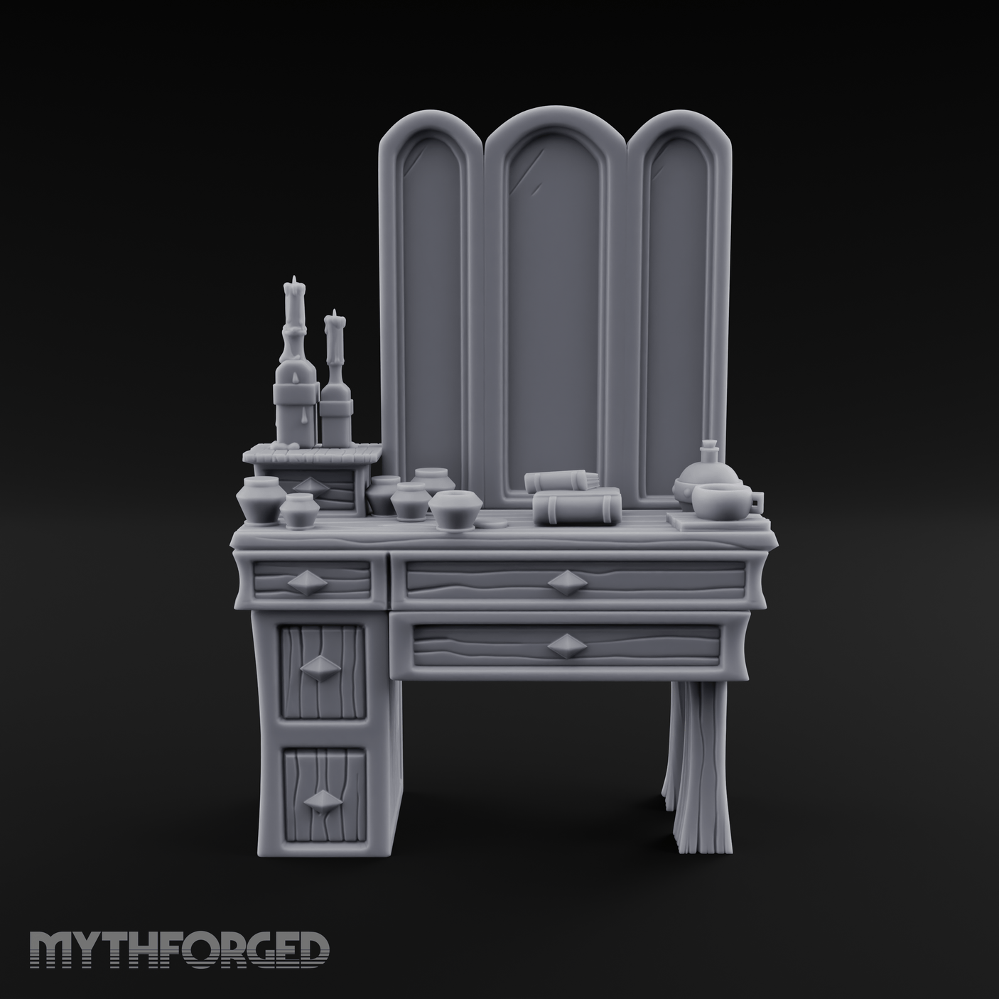 Pearl-Inlaid Vanity Dresser With Triple Mirror Miniature for Dungeons and Dragons, Pathfinder or other TTRPGs