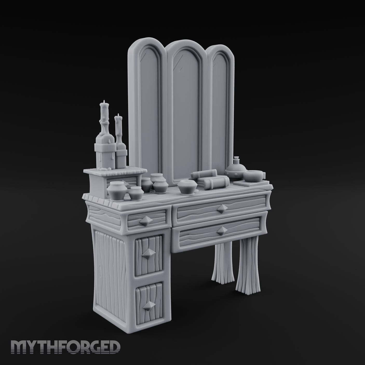 Pearl-Inlaid Vanity Dresser With Triple Mirror Miniature for Dungeons and Dragons, Pathfinder or other TTRPGs