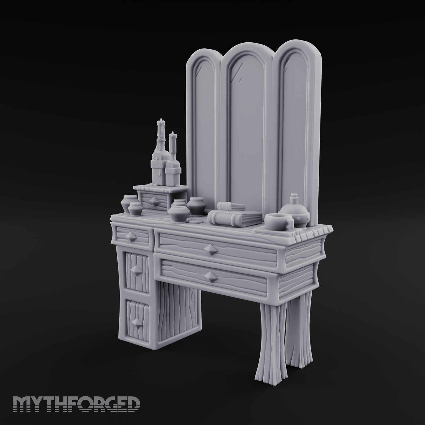 Pearl-Inlaid Vanity Dresser With Triple Mirror Miniature for Dungeons and Dragons, Pathfinder or other TTRPGs