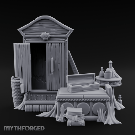 Curtain-Draped Merchant Vanity Miniature for Dungeons and Dragons, Pathfinder or other TTRPGs