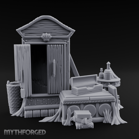 Curtain-Draped Merchant Vanity Miniature for Dungeons and Dragons, Pathfinder or other TTRPGs
